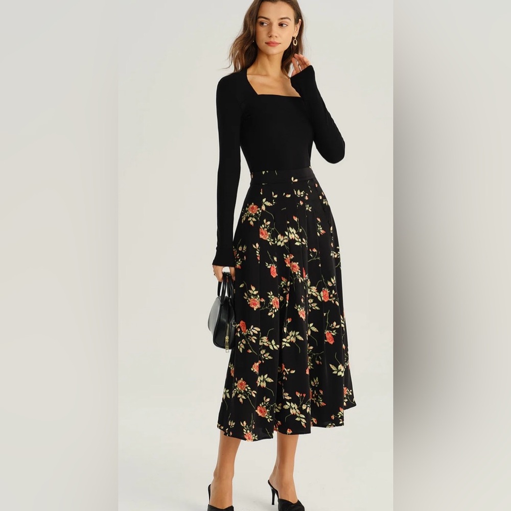 RIHOAS Black Maxi Skirt with Orange Floral Print